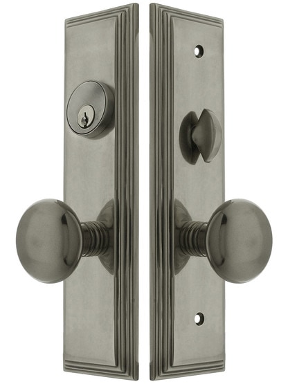 Manhattan F20 Function Mortise Lock Entryset in Antique Pewter with Left Hand Providence Knobs, and Stop/Release Buttons.